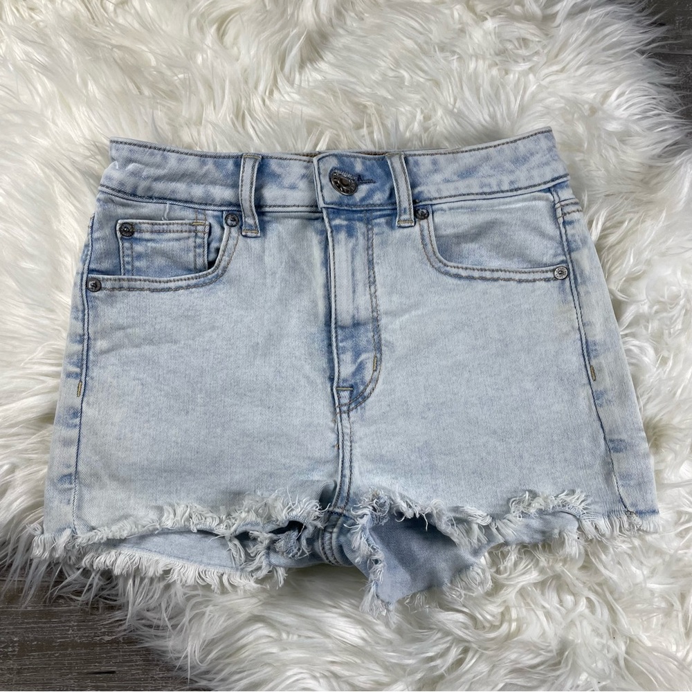 American Eagle Super Hi-Rise Shortie Next Level Stretch Light Wash Frayed Shorts